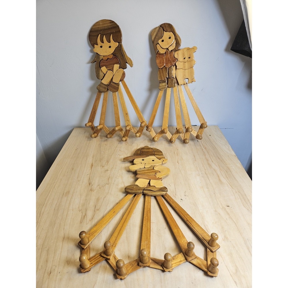 Set of 3 Wooden Accordion Peg Racks Kids Wall Hooks Girl Boy Dog Made in China